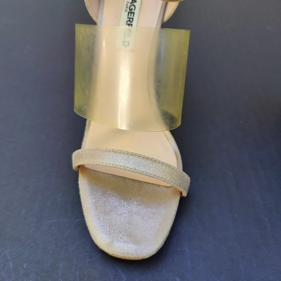 KARL LAGERFELD PARIS Raya Taupe/Beige Velvet Block Heels Ankle Strap Sandal 6.5 - Picture 4 of 11